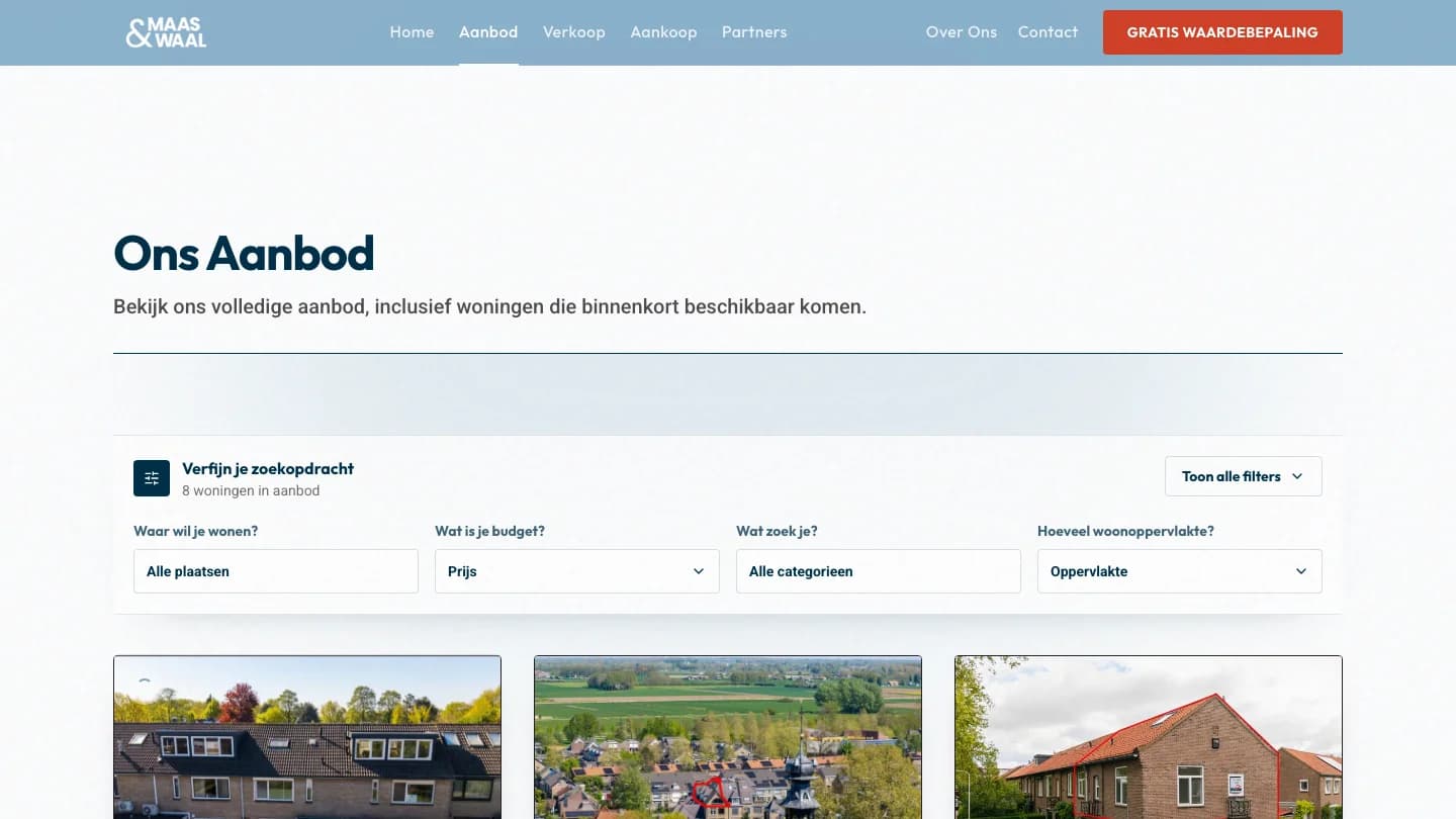 The listings overview with filters, property cards, status labels, and current homes.