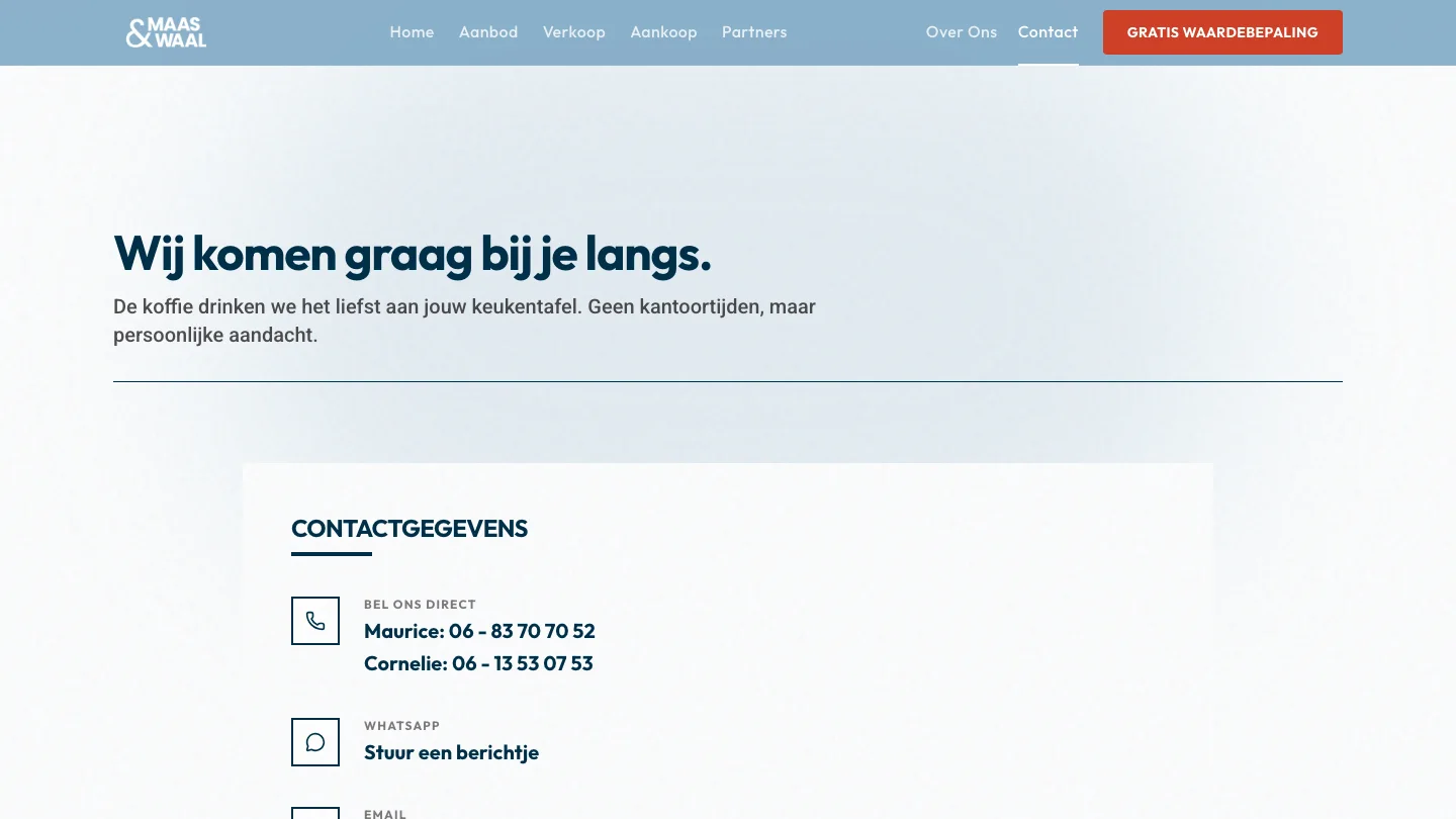 The contact page keeping phone numbers, WhatsApp, email, and address visible without friction.