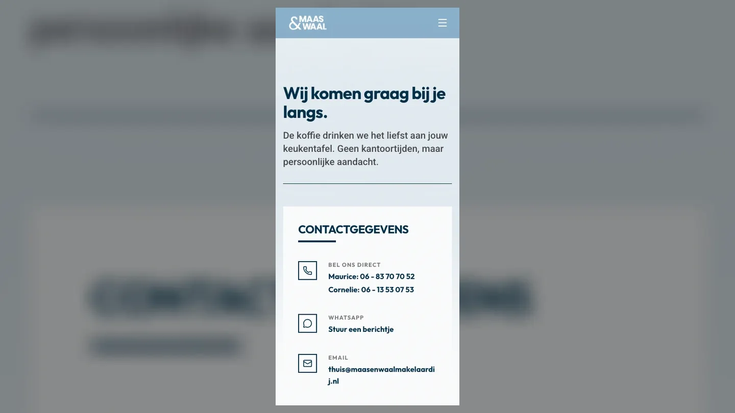 The mobile contact page with direct contact details and routes into the team.