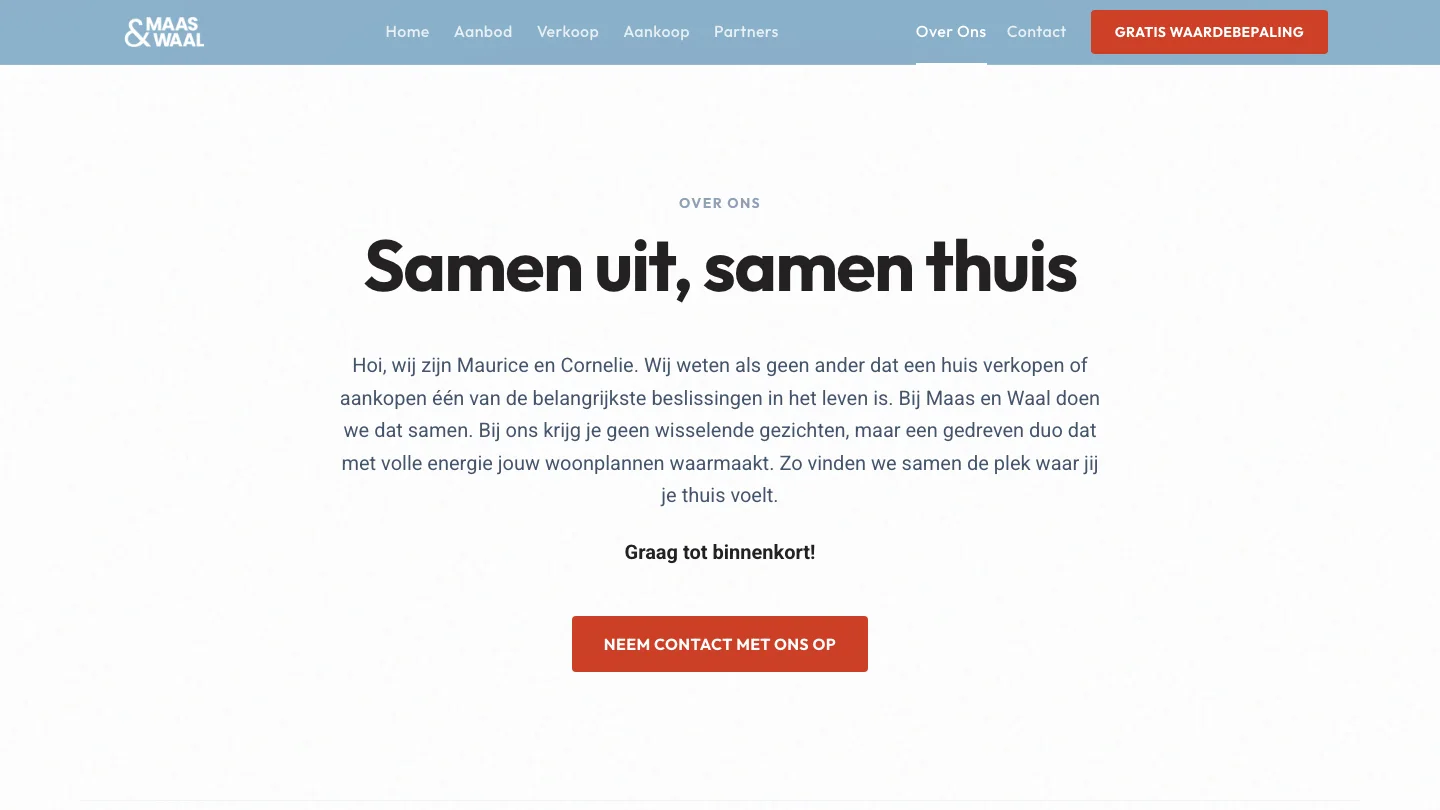 The about page introducing the people behind Maas & Waal Makelaardij.